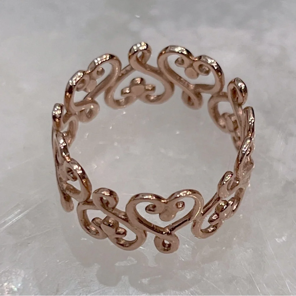 14K RG Sterling Silver Scrolled Heart Filigree Band Ring Sz 8